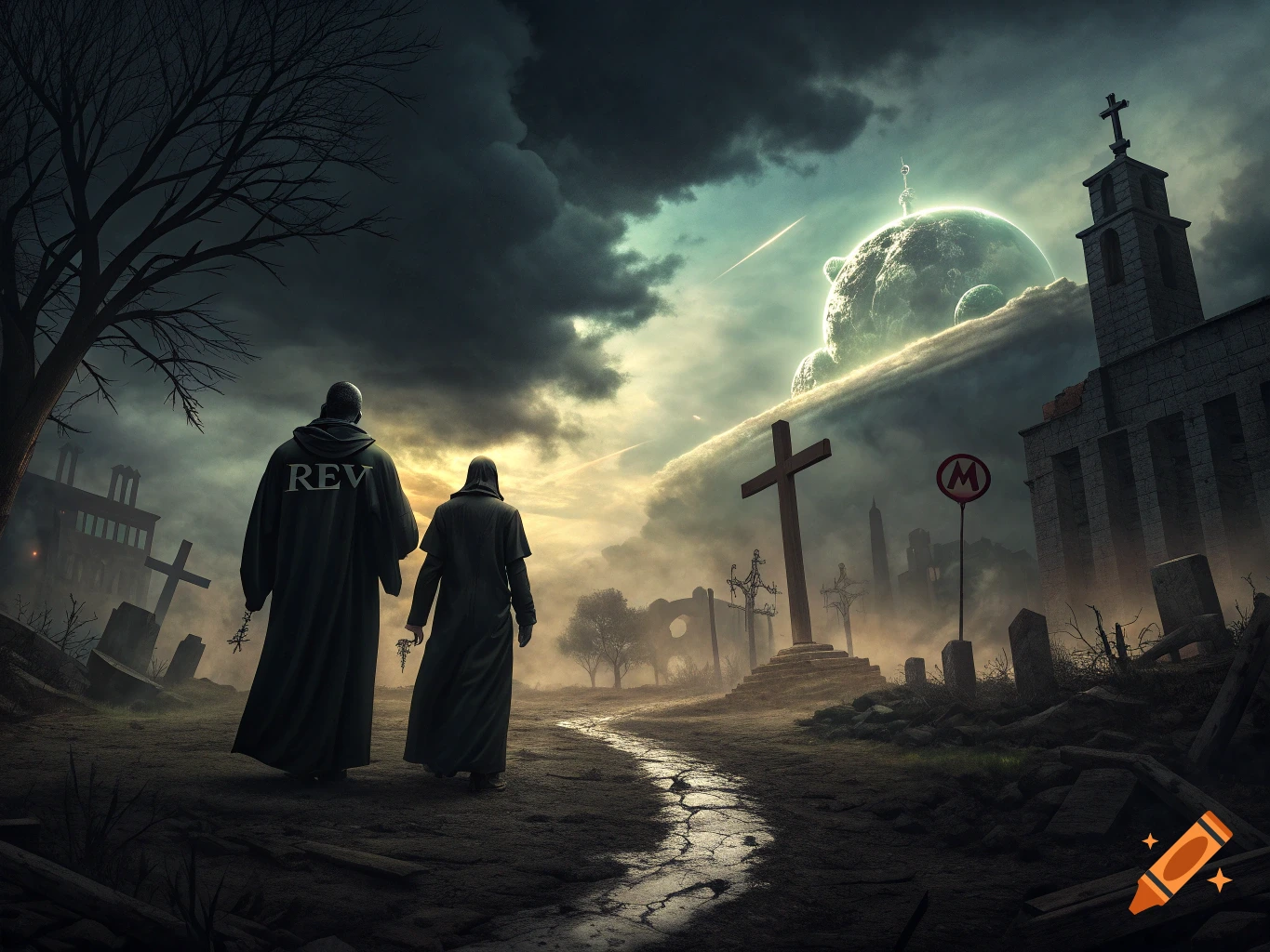 Two cloaked figures walk through a dark, apocalyptic graveyard towards a cross under a stormy sky and strange planet.