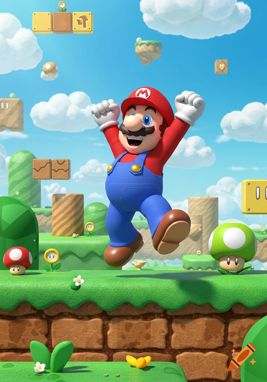 Super Mario jumping in a colorful 3D platformer level.