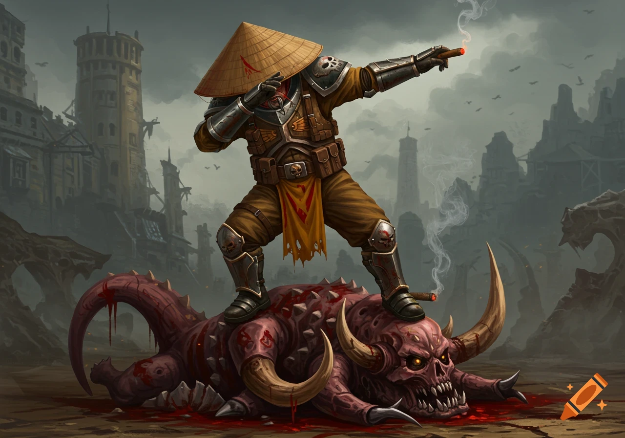 Armored character in conical hat dabbing on a dead monster in a ruined city landscape.