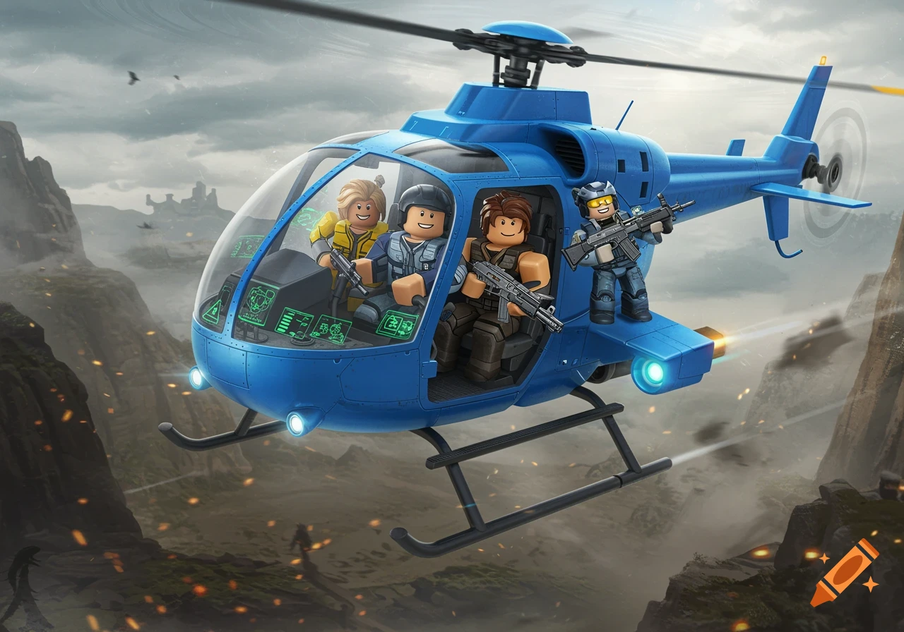 Roblox characters fly in a blue helicopter through a stormy sky over rocky terrain.