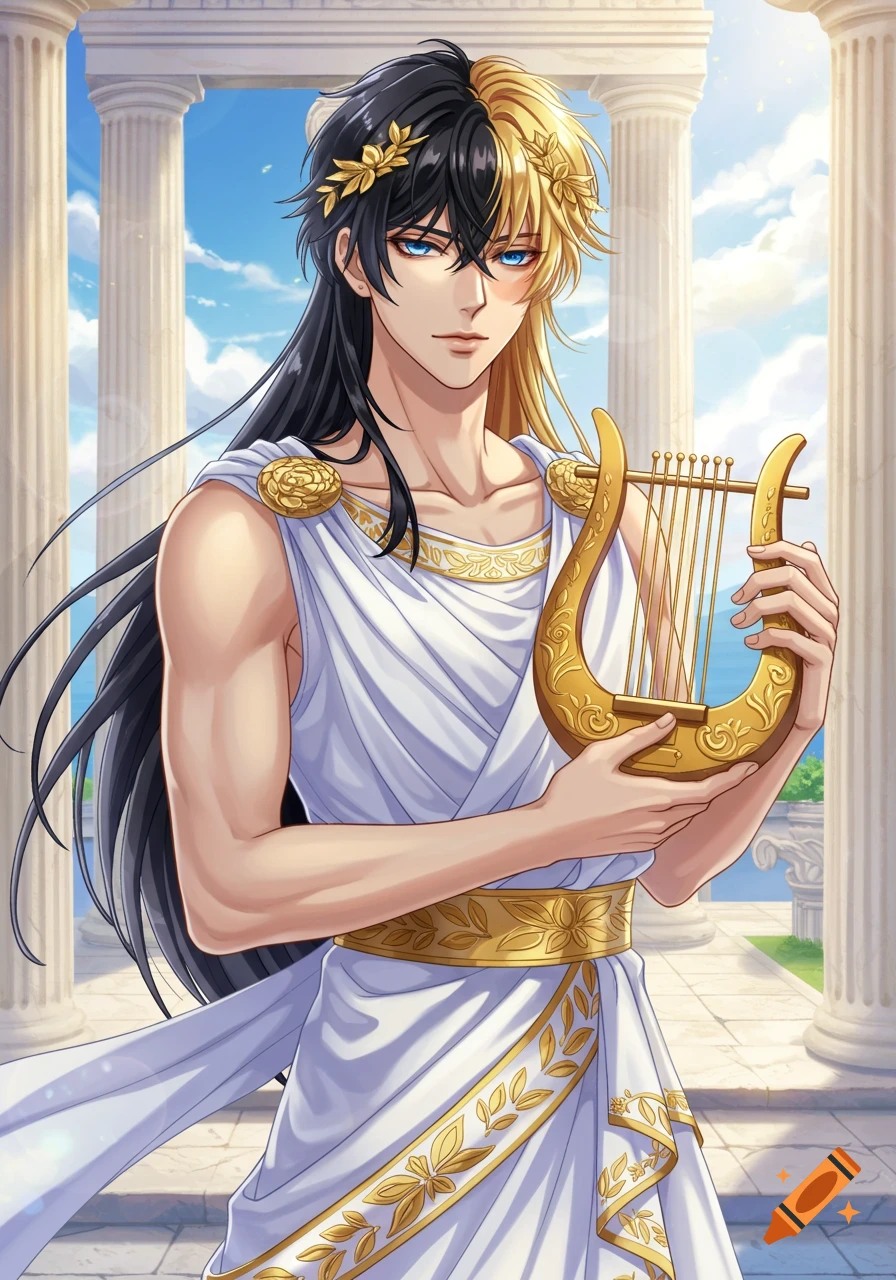 Anime style illustration of an androgynous Greek figure with split black and blonde hair and blue eyes, wearing a toga and holding a golden lyre in a classical setting.