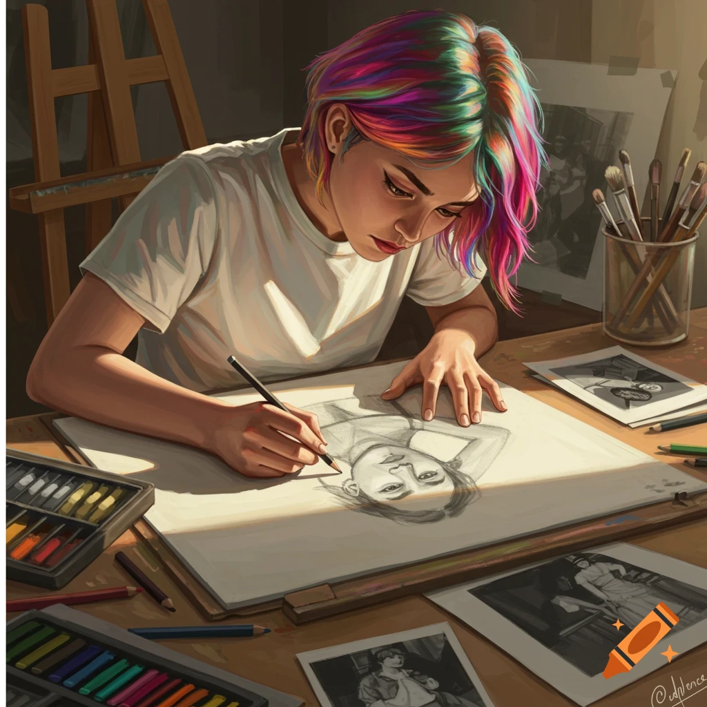 A young woman with rainbow hair drawing a portrait at a desk filled with art supplies.