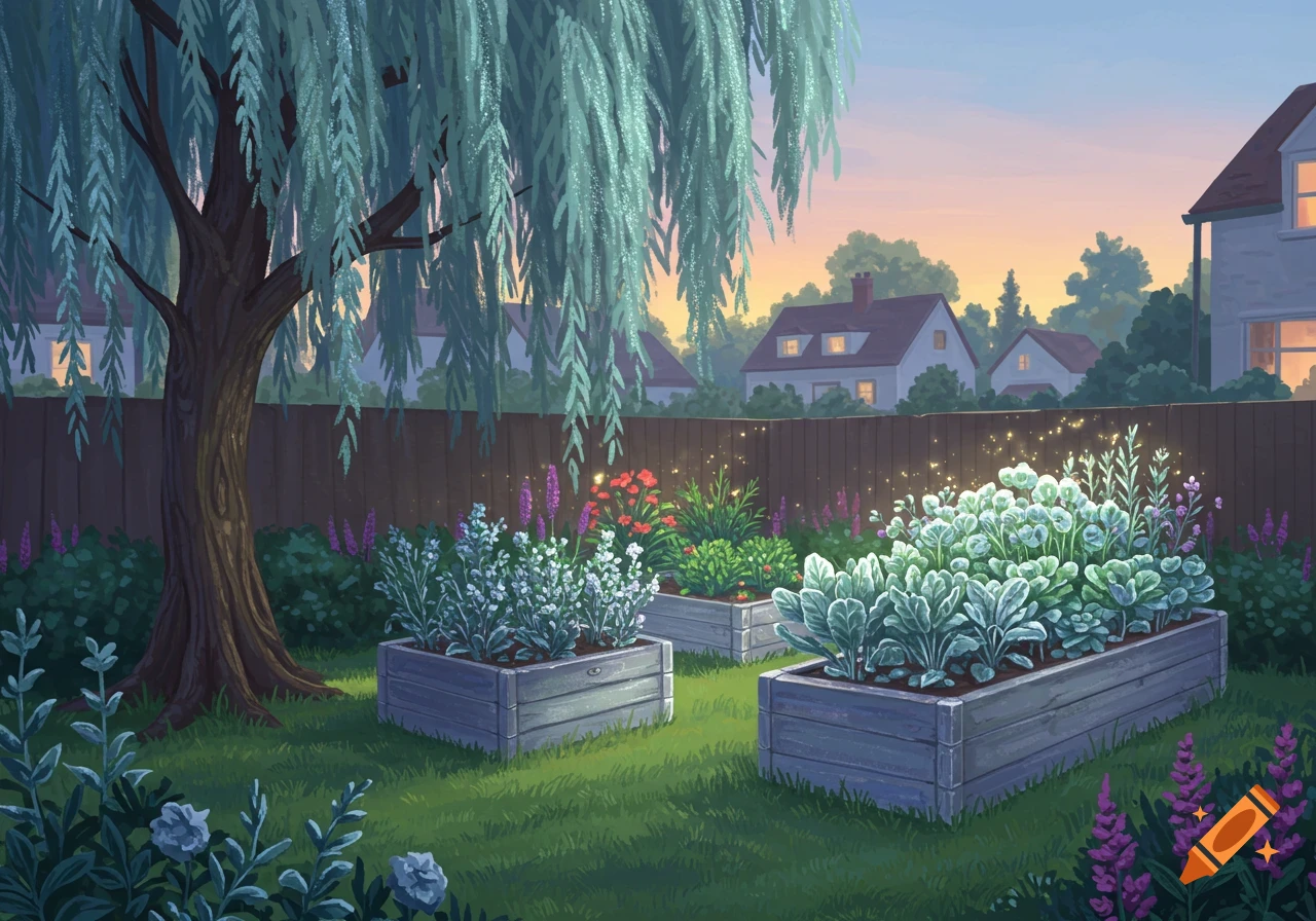 A backyard garden with raised beds, a willow tree, and houses at dusk.