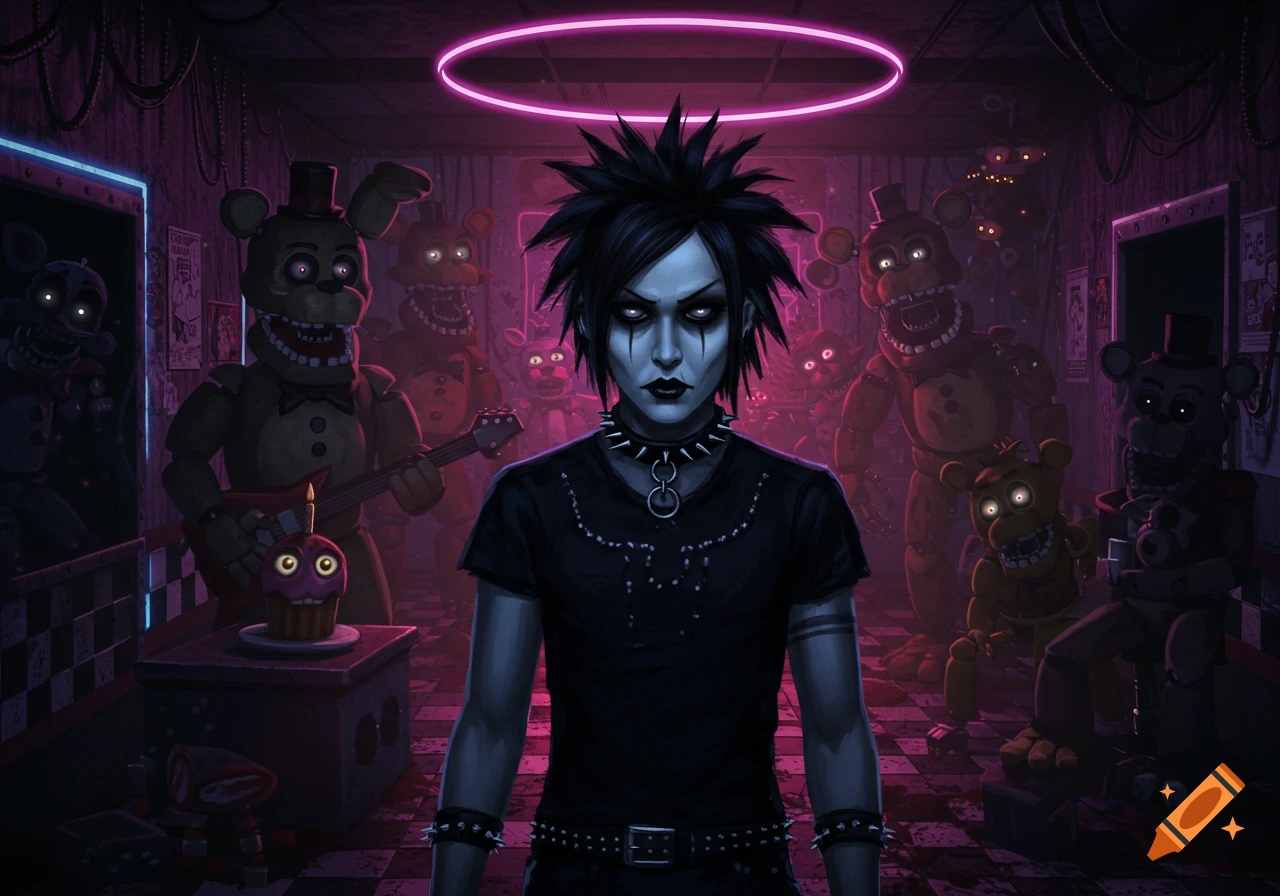 A goth person is surrounded by animatronic figures in a dark room.