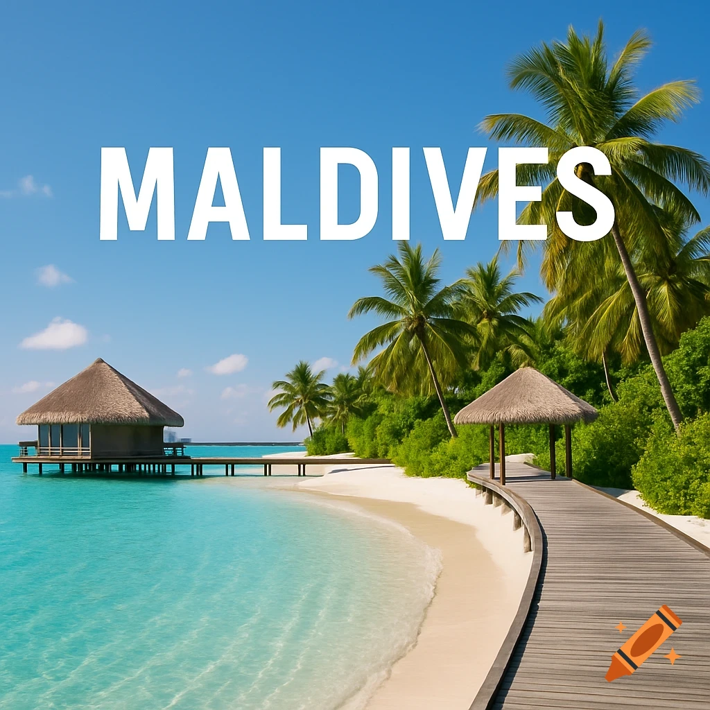 Tropical beach in Maldives with blue water, palm trees, stilted hut, boardwalk, and 'MALDIVES' text overlay. Photorealistic style.