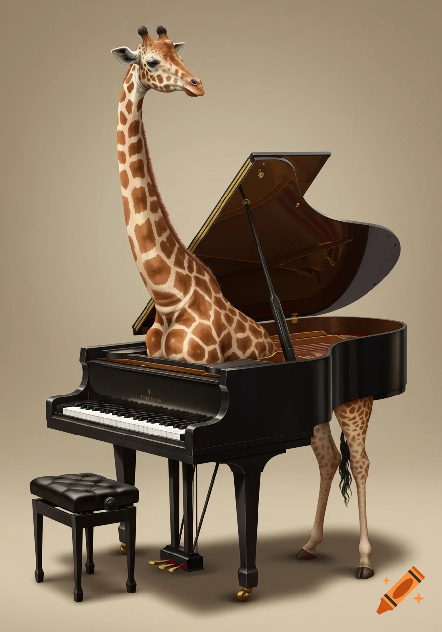 A giraffe is emerging from a grand piano.
