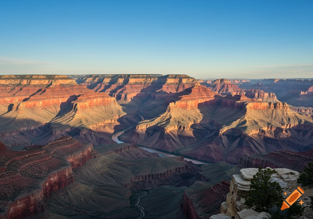 Panoramic view of the Grand Canyon at sunrise, showing layered rocks and river.
