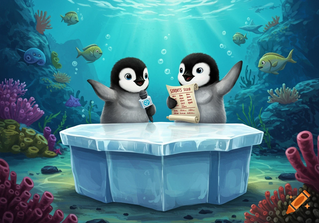 Two cartoon penguin chicks giving a sports report underwater.