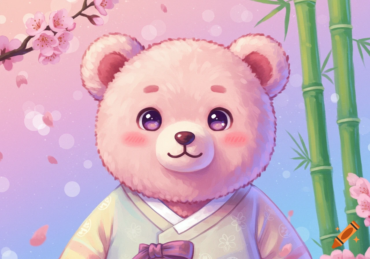 Cute pink bear in Korean clothing among cherry blossoms and bamboo, digital art