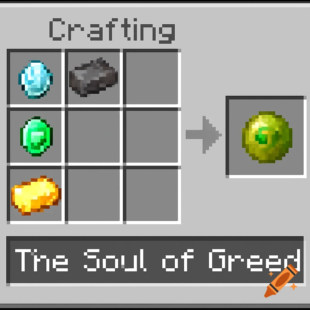 A Minecraft crafting interface showing ingredients and the resulting item 'The Soul of Greed'.