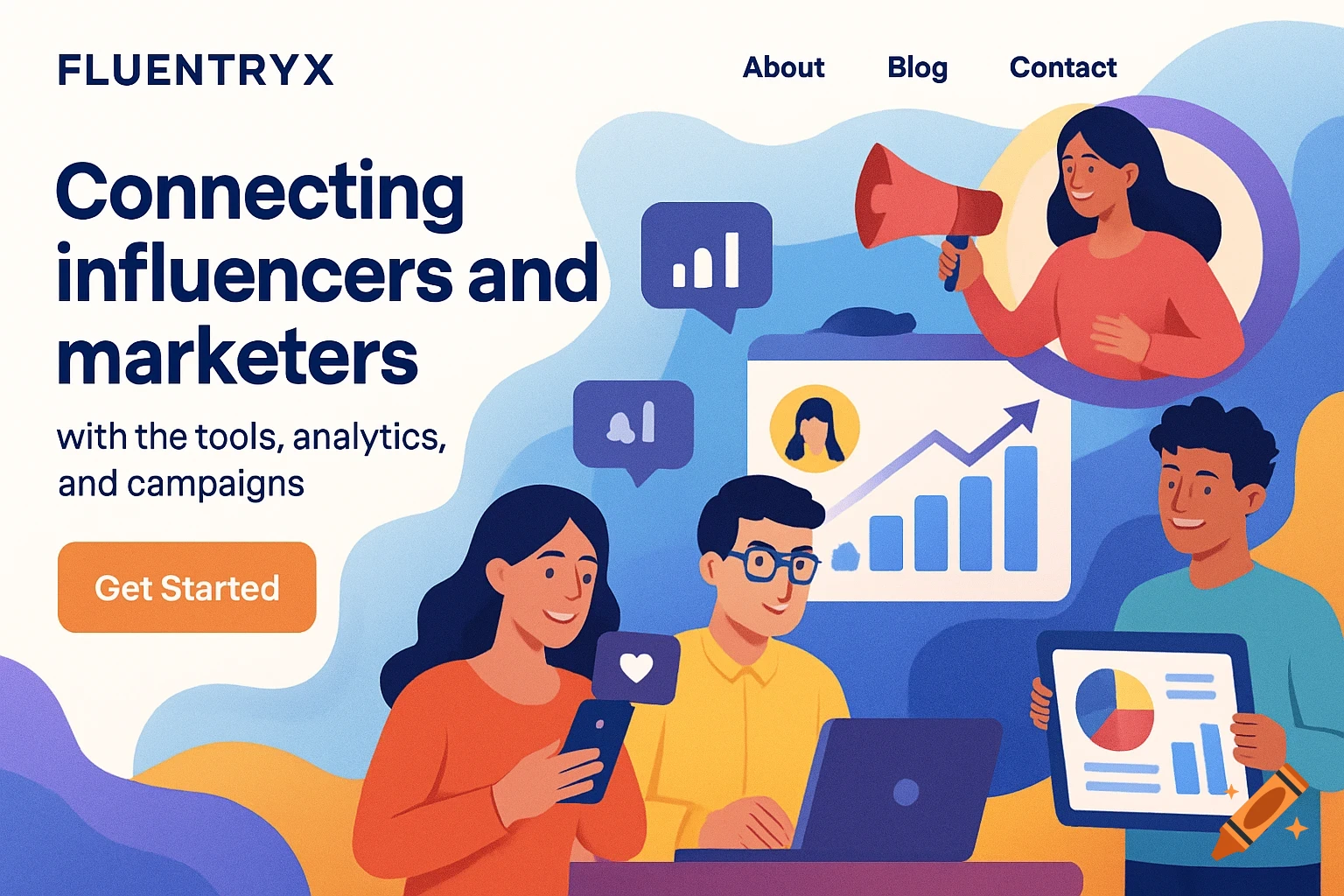 Stylized illustration of people working with technology and marketing concepts, featuring text about connecting influencers and marketers.