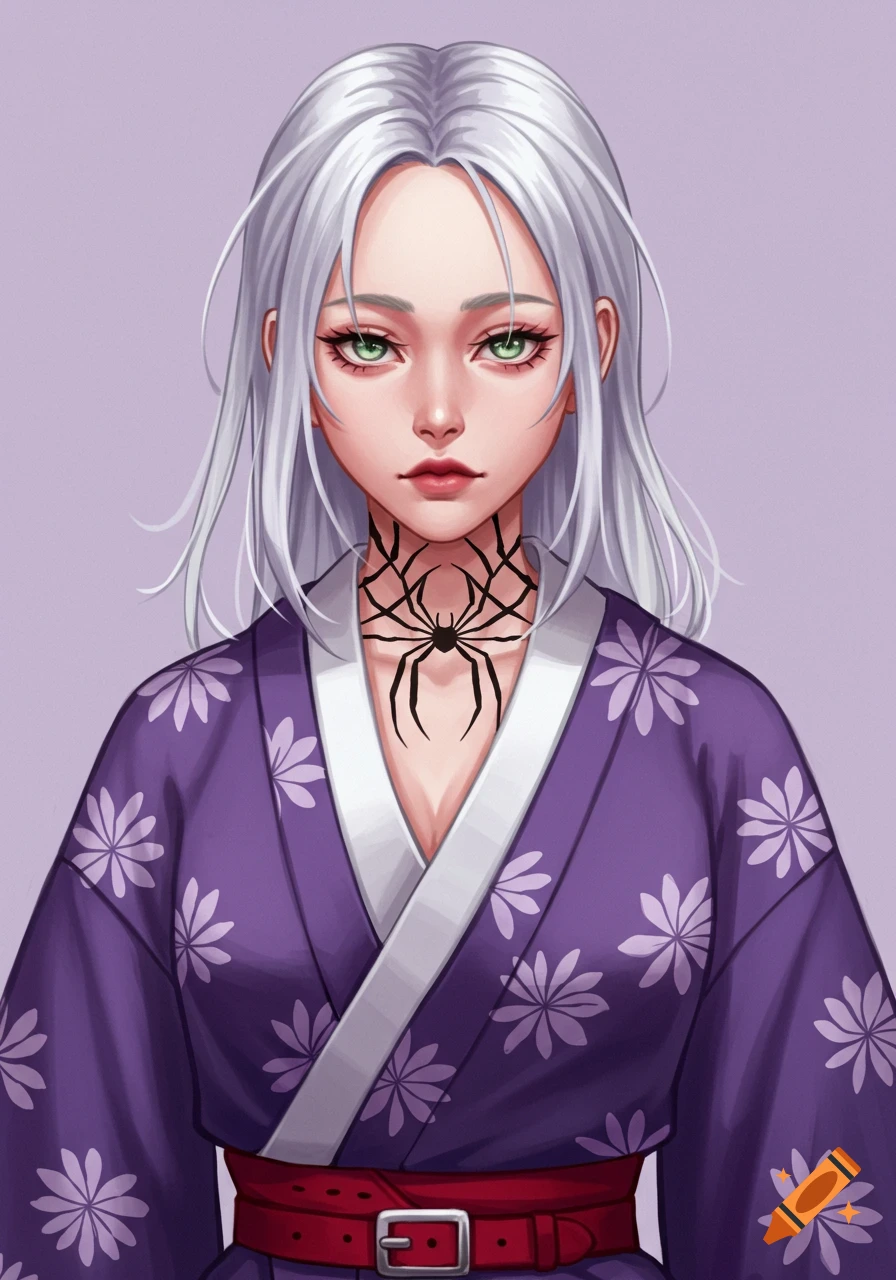An anime woman with silver hair, green eyes, in a purple kimono with a spider tattoo.
