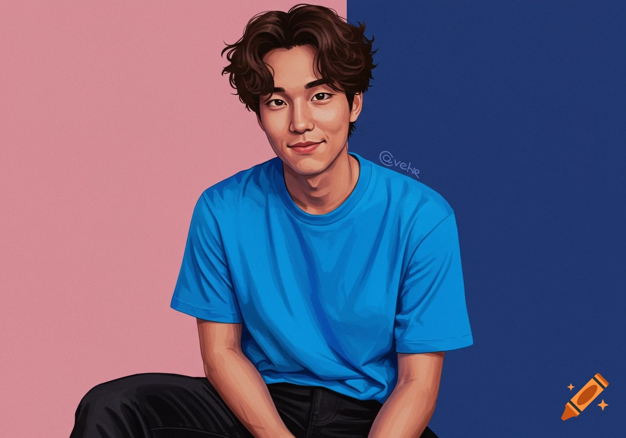 A man in a blue t-shirt against a pink and blue background.