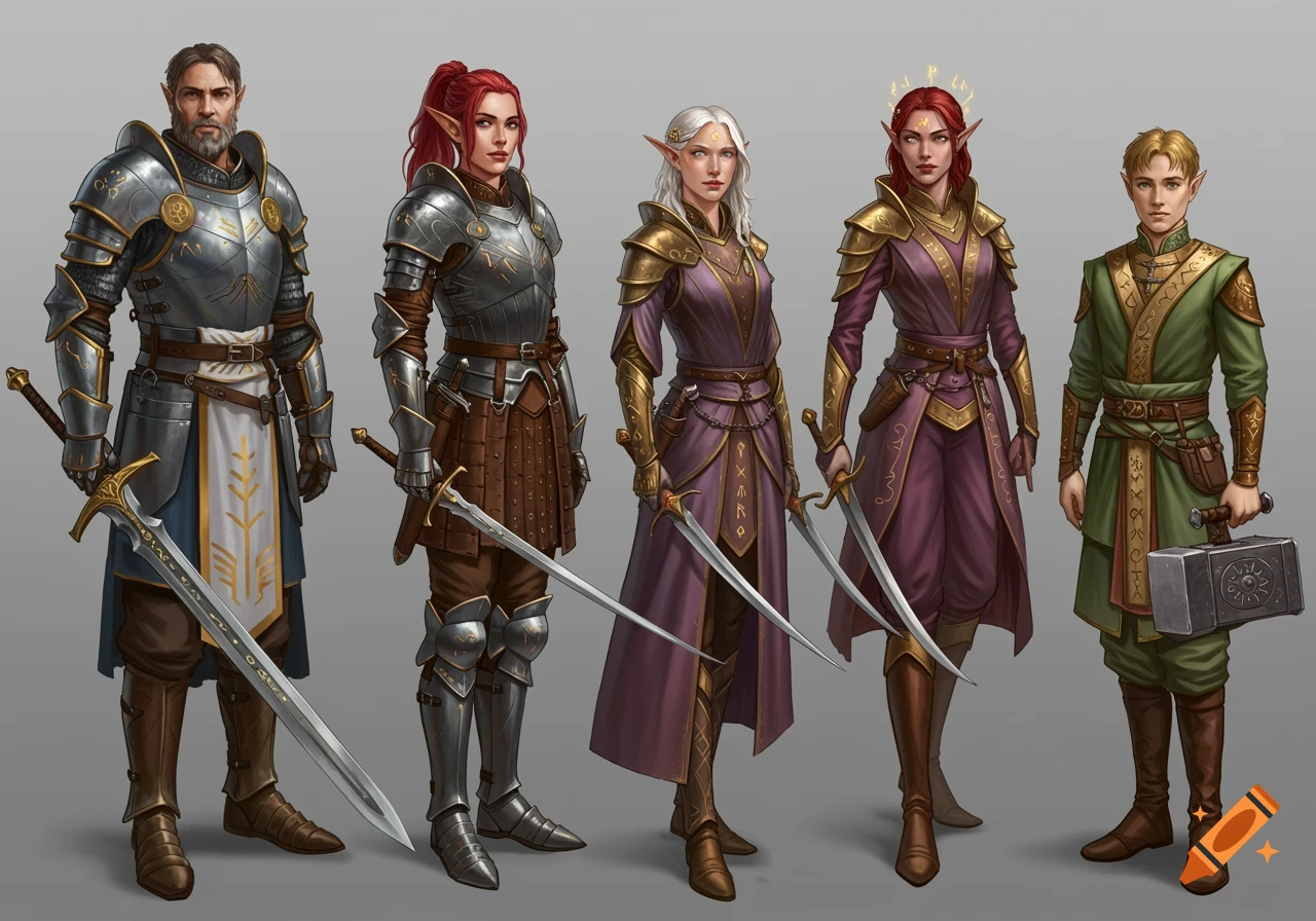 Five fantasy characters, including paladin, ranger, mage, monk, and cleric, in armor and robes with weapons.