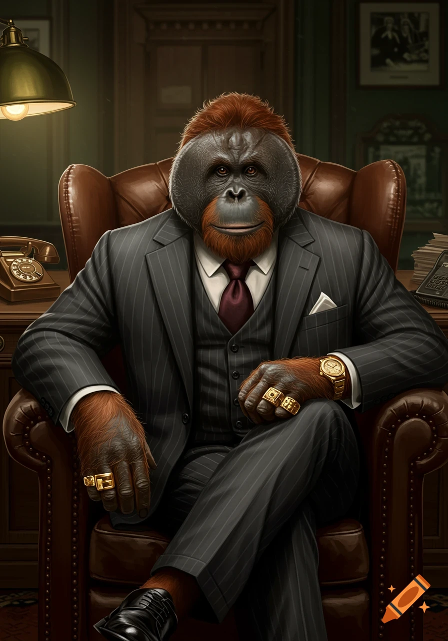 Mafia boss orangutan sitting at a desk in a suit.
