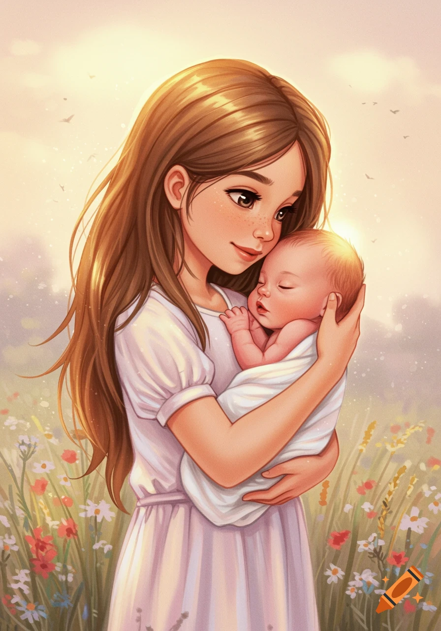 A mother holding a baby in a field of flowers at sunset.