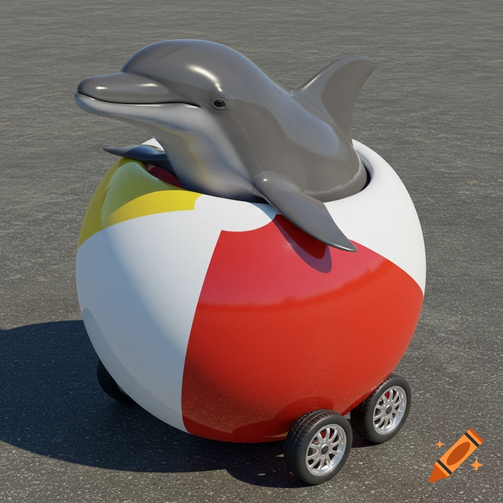 A 3D render of a dolphin in a beach ball car on pavement.