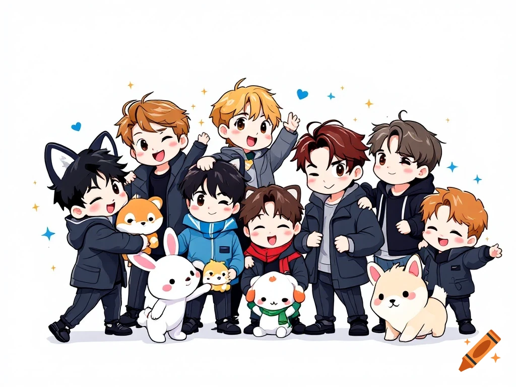 Cute group of chibi anime characters with stuffed animals and sparkles.