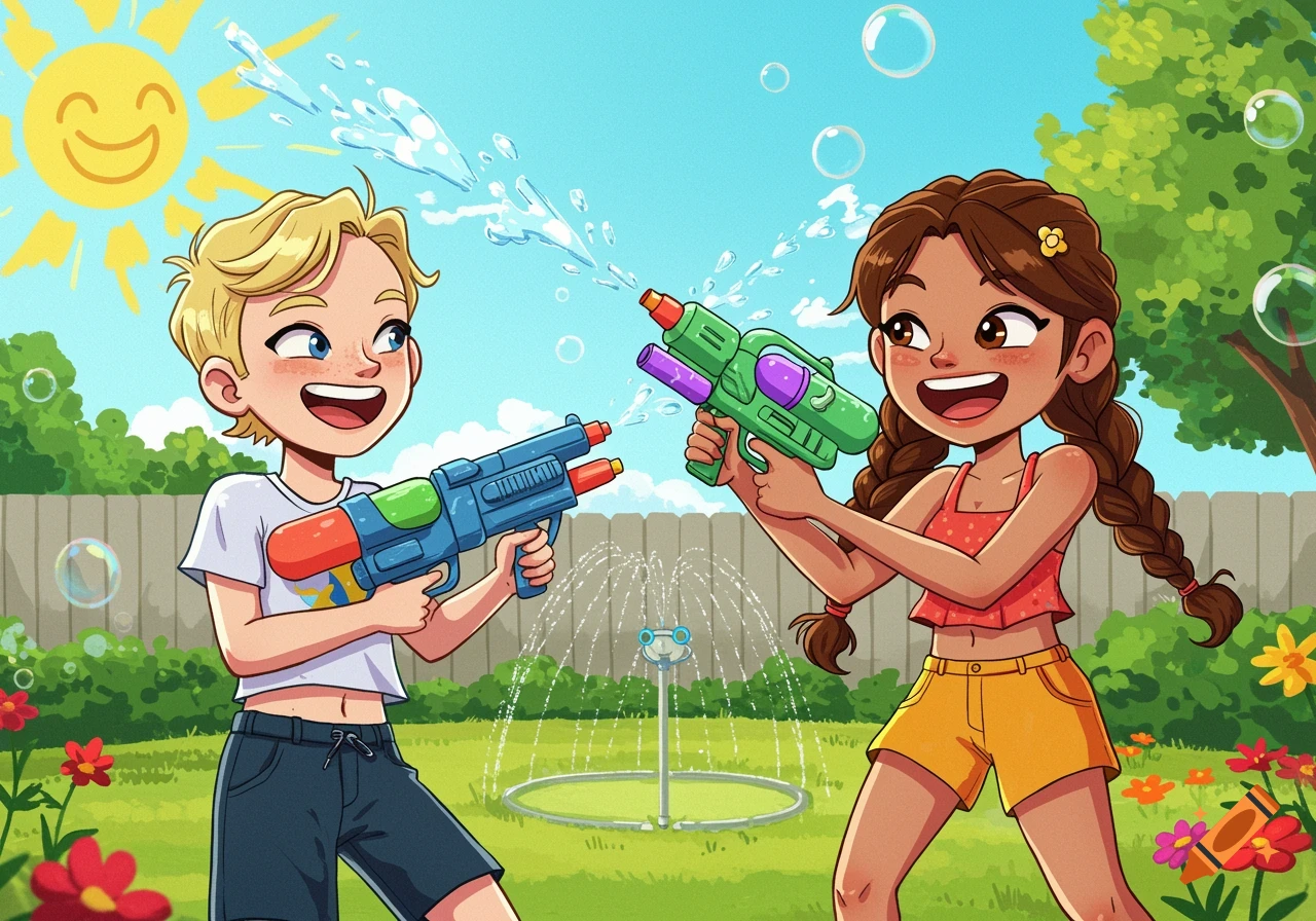 Cartoon illustration of two happy children having a water gun fight in a sunny backyard