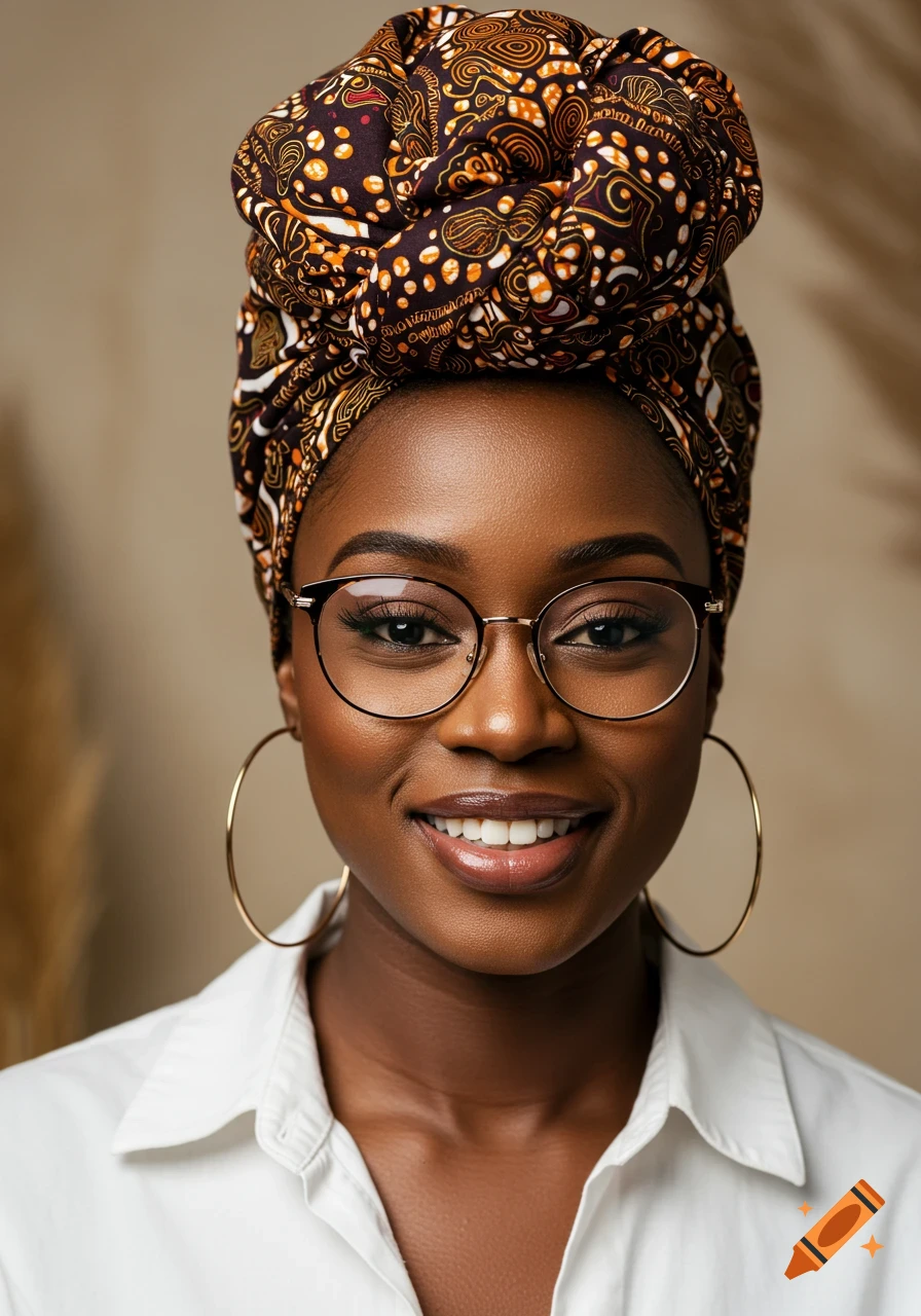 Close-up portrait of a Black woman in a patterned headwrap and glasses, smiling.