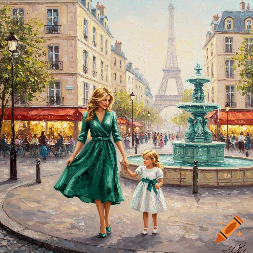 Oil painting of mother and daughter walking in Paris street with fountain and Eiffel Tower in background.