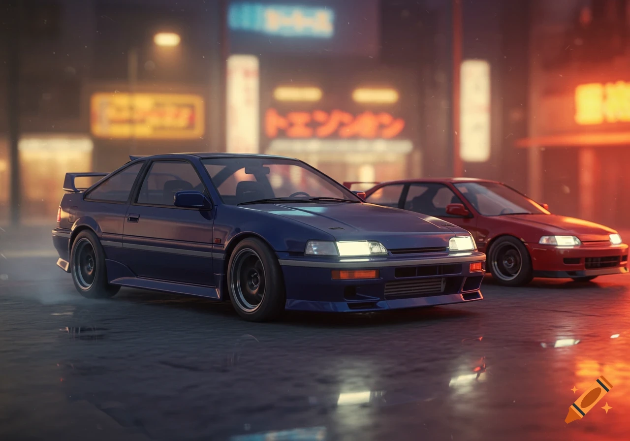 Two Japanese cars, a blue coupe and a red coupe, street racing at night in a city with neon signs, lofi aesthetic.
