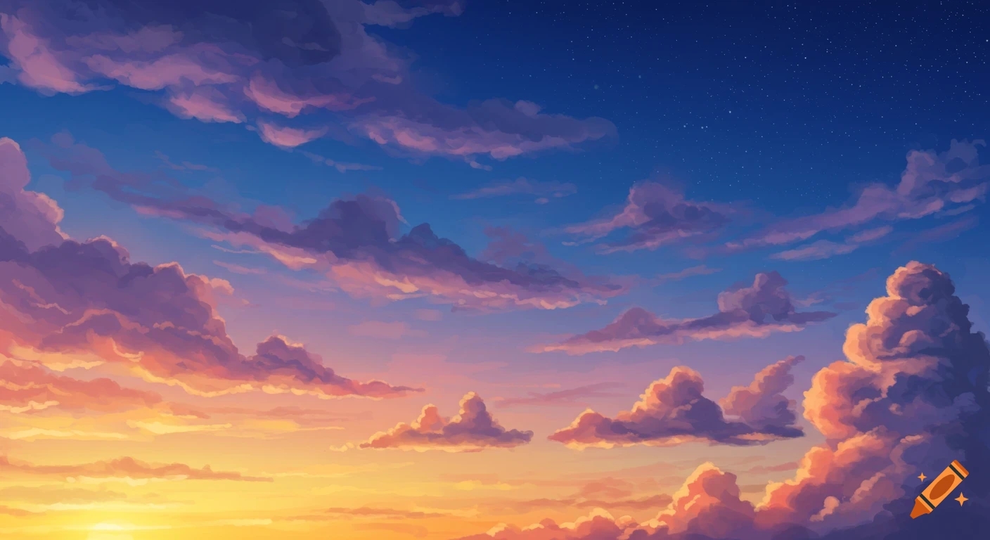 A sunset sky with pink and orange clouds blending into a starry twilight sky.