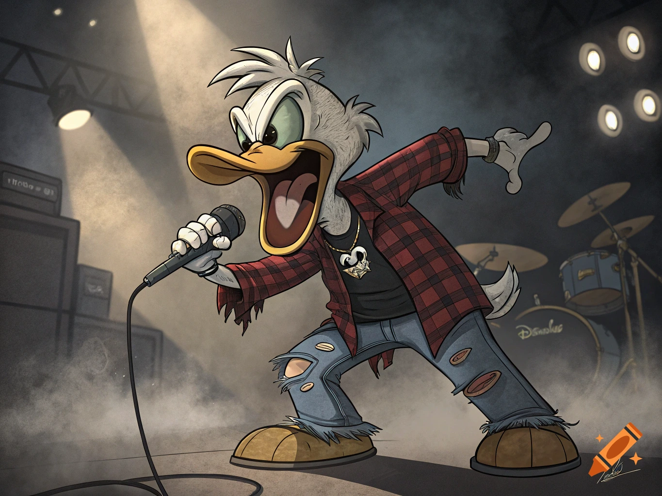 Cartoon Donald Duck wearing a pink bikini poses on a tropical beach. on ...