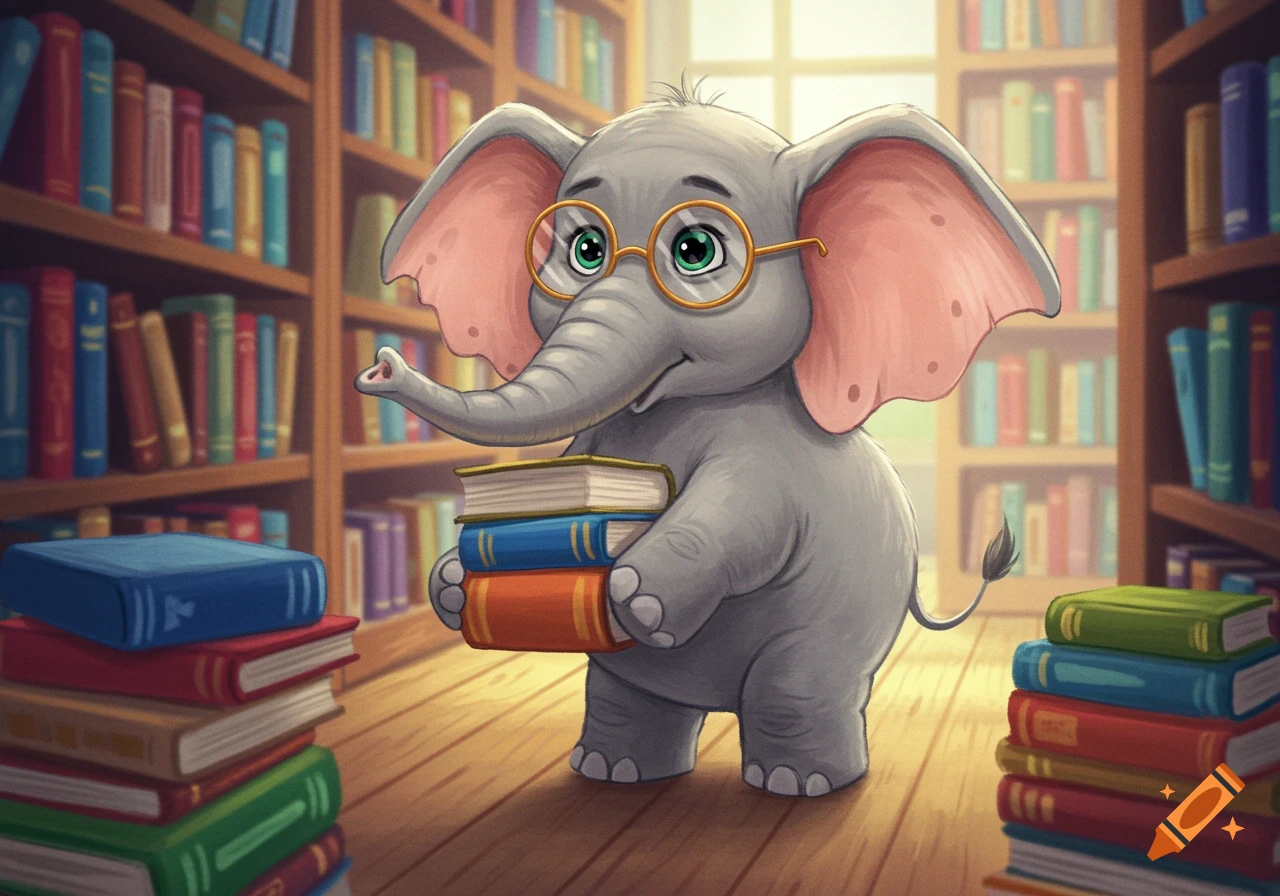Whimsical illustration of a cute, nerdy elephant with glasses carrying books in a library.