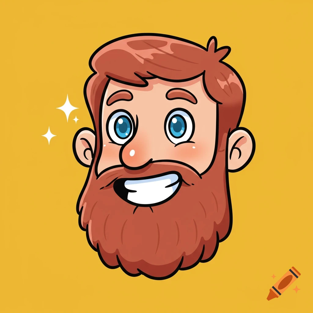 Cartoon portrait of a smiling man with reddish hair and beard and blue eyes.