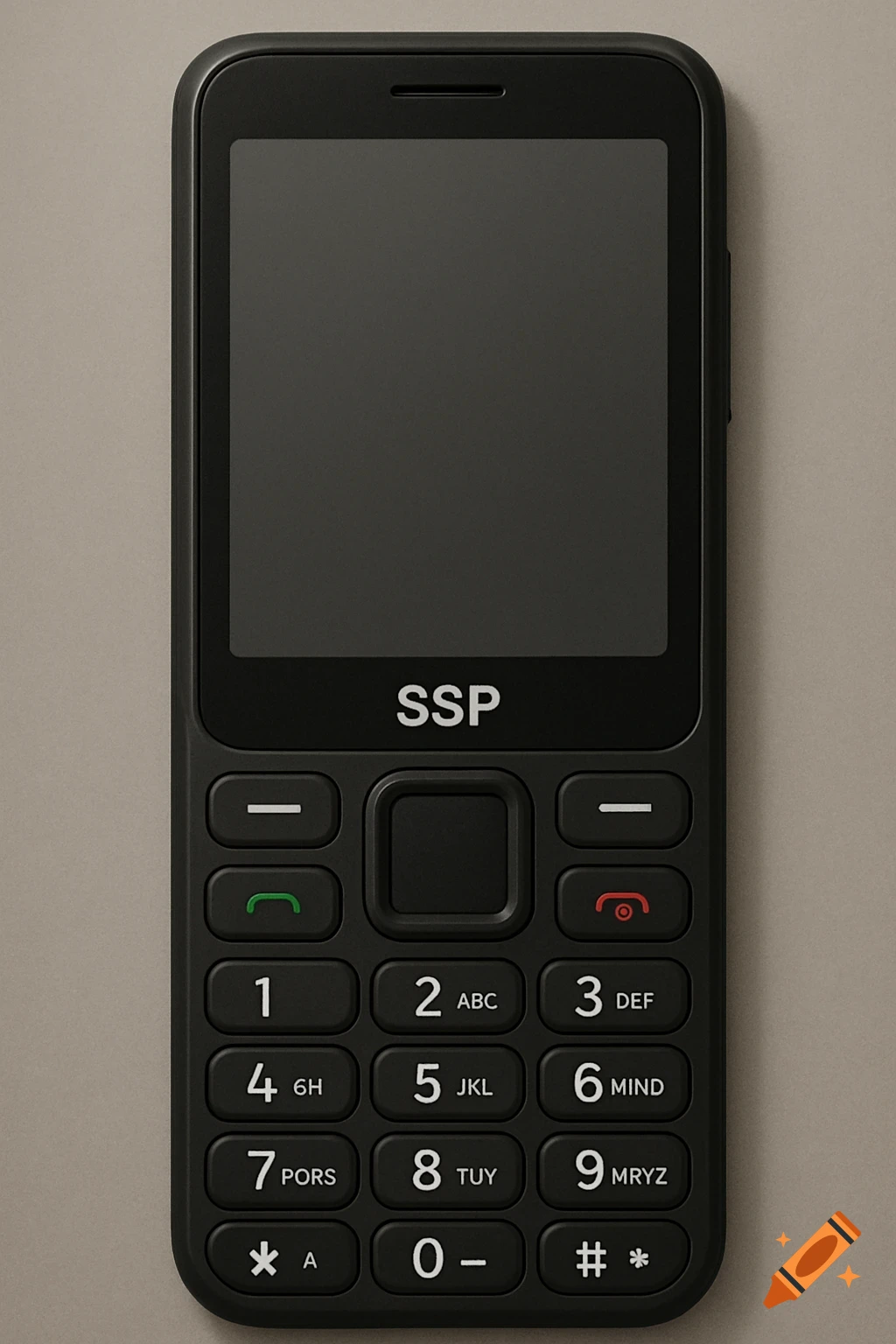 Close-up of a black feature phone with physical buttons and a large screen.