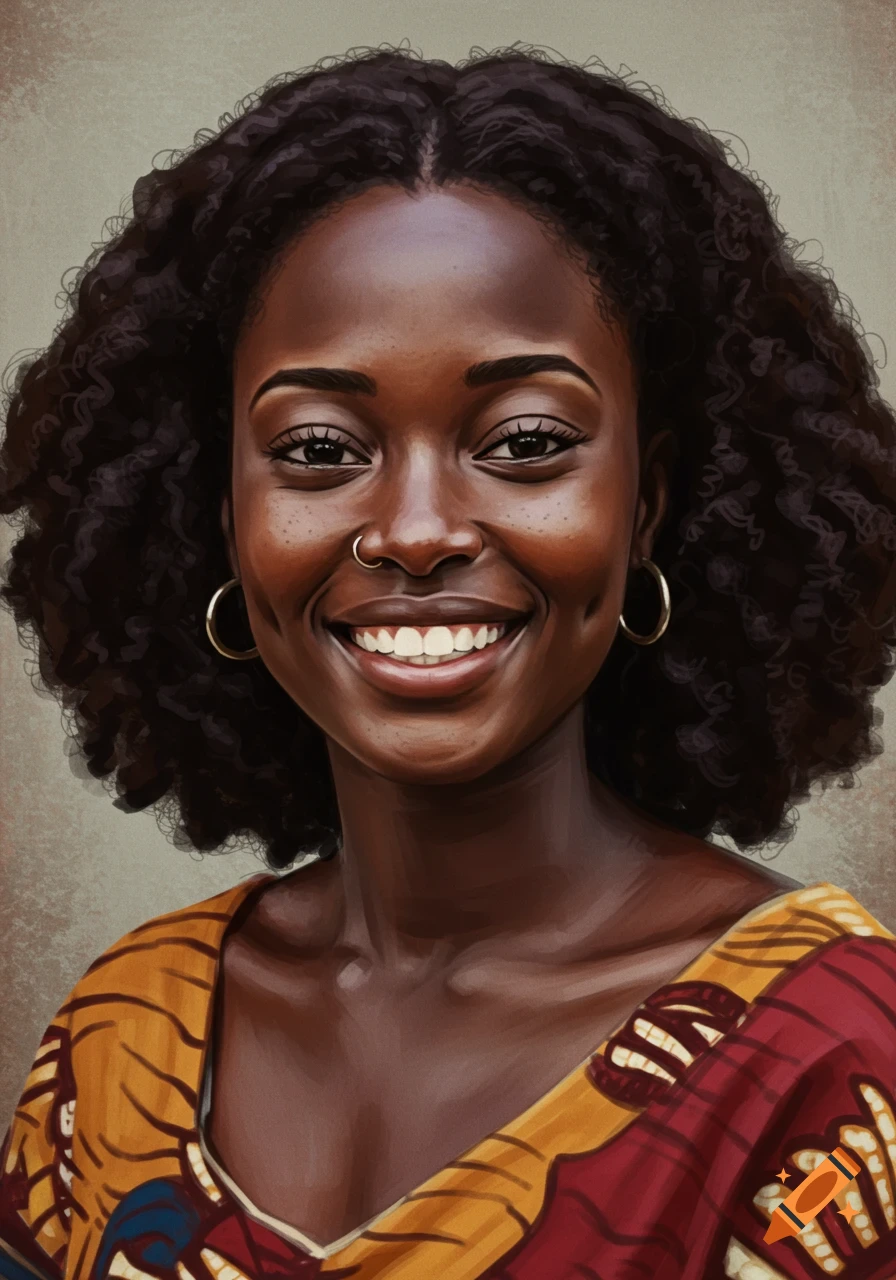 A smiling Black woman with curly hair, a nose ring, hoop earrings, and a colorful top.