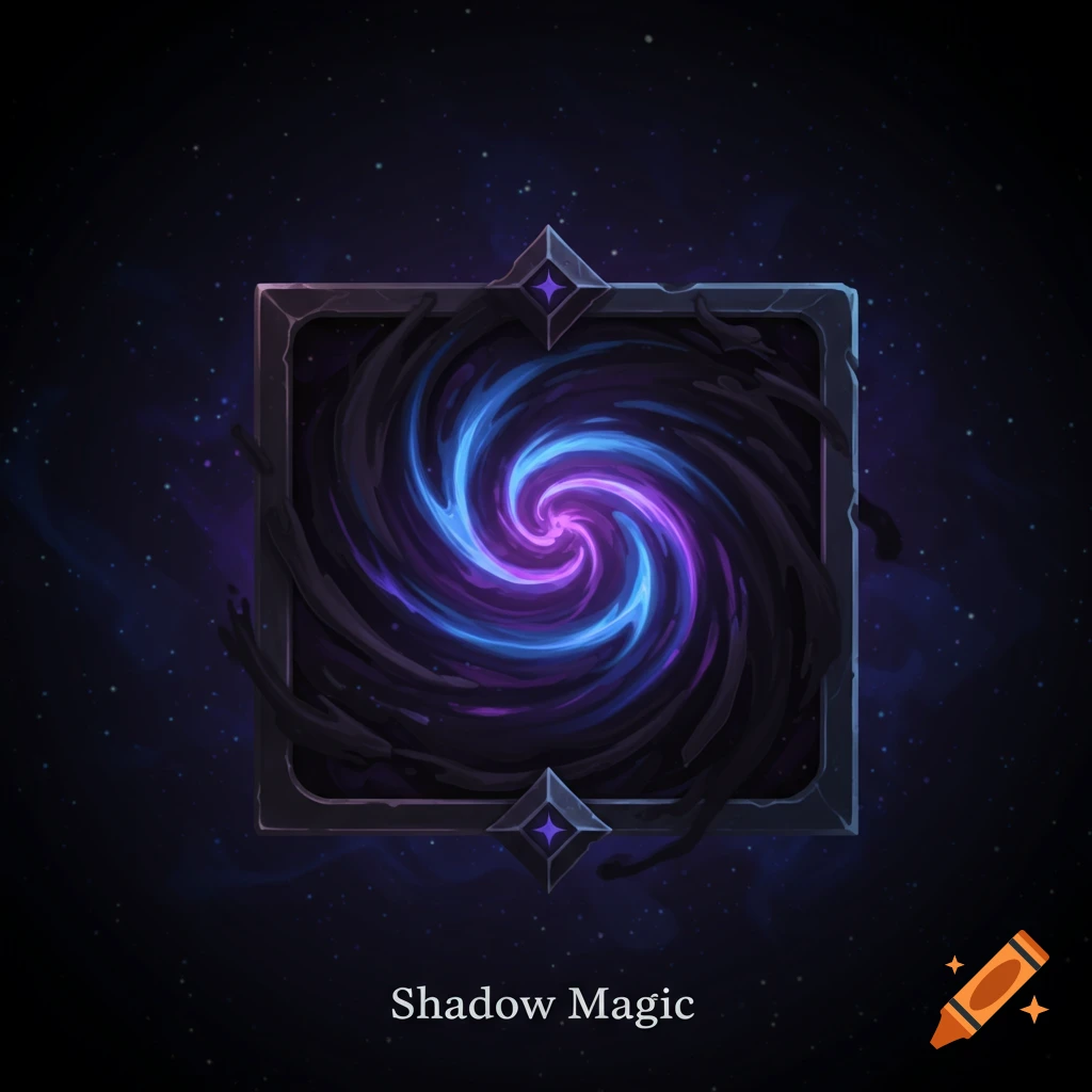 A digital illustration of a square icon with a purple and blue spiral vortex within a dark ornate frame against a starry background.