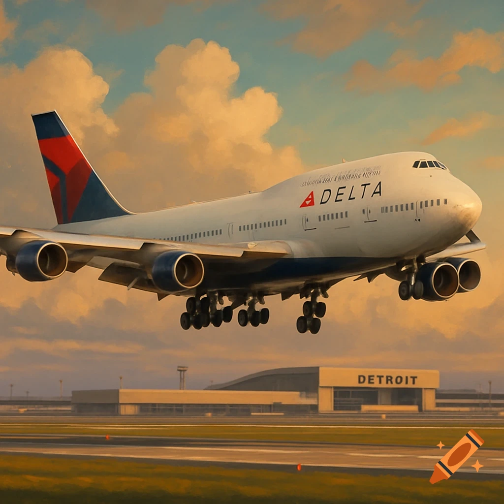 A Delta Airlines Boeing 747 airplane landing at Detroit airport under cloudy skies.