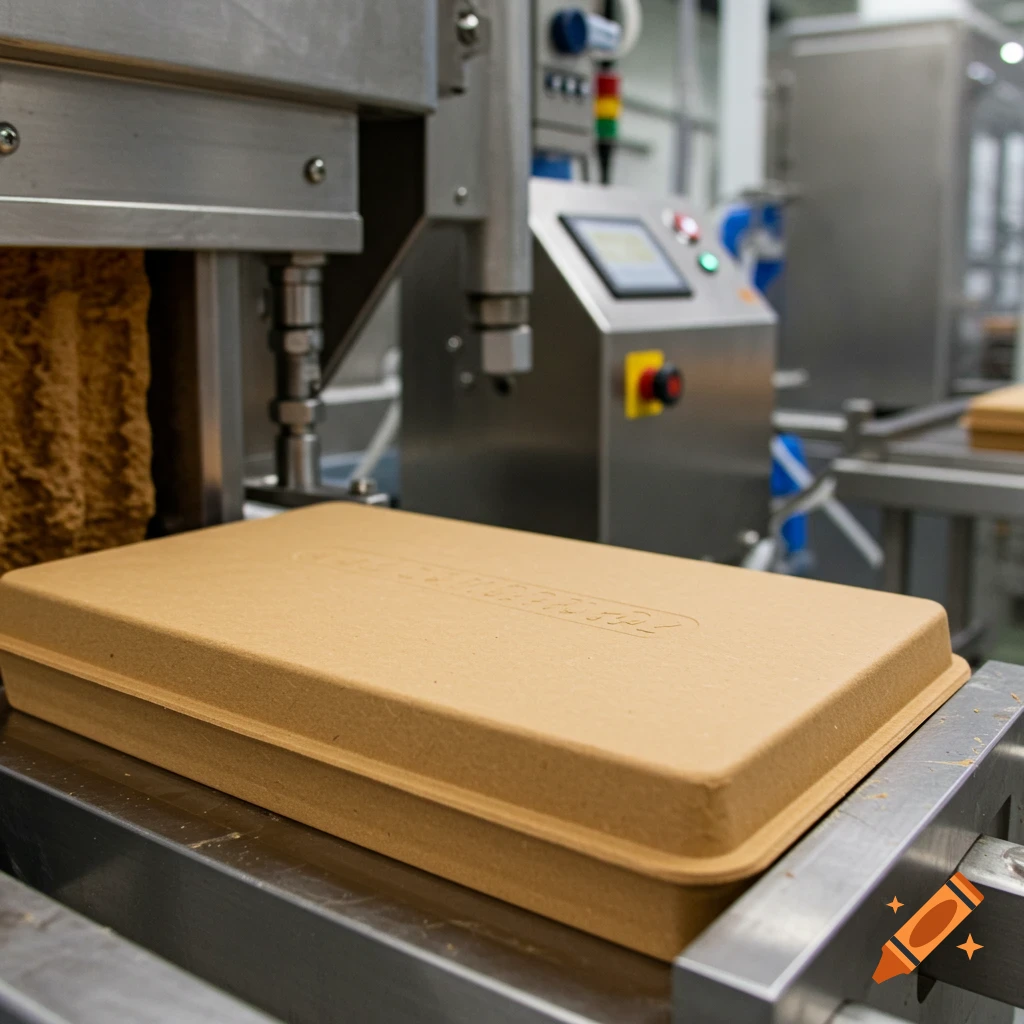 Close-up of a piece of eco-friendly packaging on a conveyor belt in a factory.