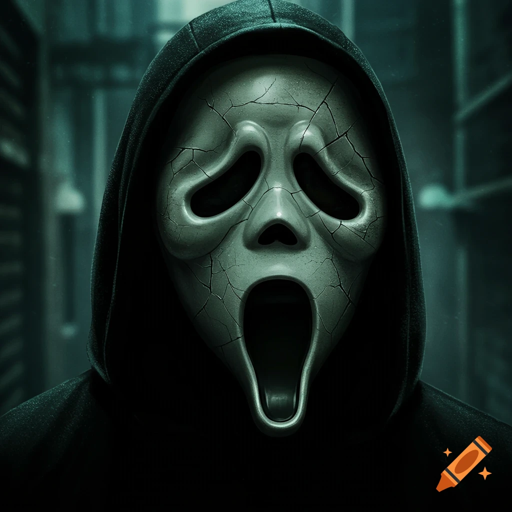 Person wearing a cracked Ghostface mask in a dark, blurry background.