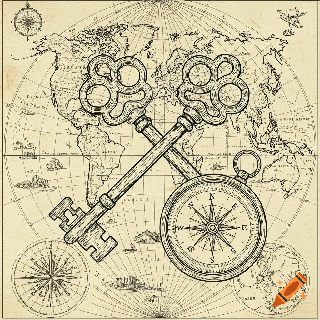 Vintage line art world map with crossed keys and compass.