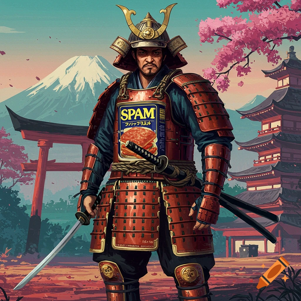 A samurai wearing armor made of Spam cans, standing in a Japanese landscape with Mt. Fuji and a pagoda.