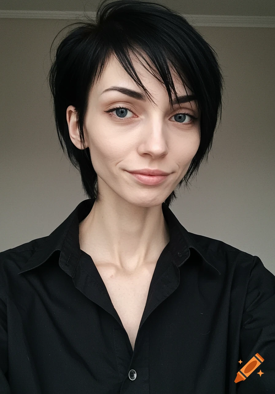 Portrait of a woman with black pixie cut hair and blue eyes wearing a black button-up shirt, smiling slightly.