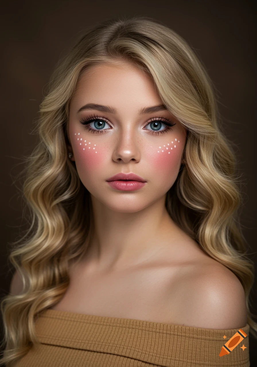 Young woman with blonde hair, blue eyes, blush, white dots, off-shoulder top. Close-up portrait, blurred background.