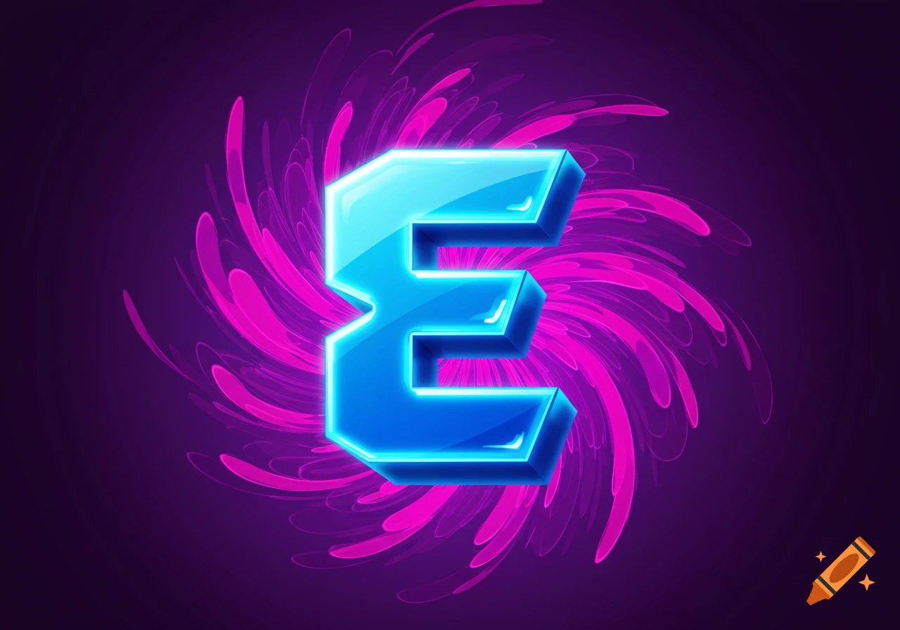 Stylized blue glowing letter E with swirling pink background