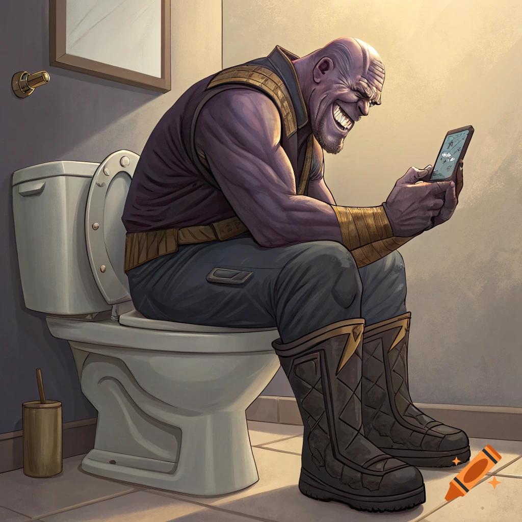 Thanos sits on a toilet laughing while looking at his phone in a bathroom.