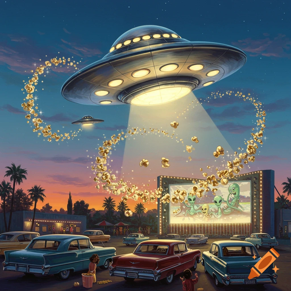 A UFO beams popcorn onto a drive-in screen showing aliens, with classic cars and people watching below.