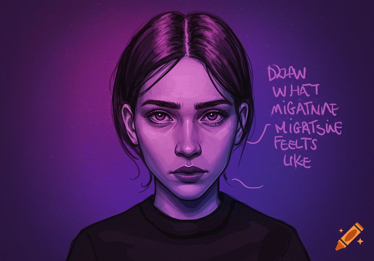A woman's face is illuminated in purple light, conveying distress. Text says 'DRAW WHAT MIGATNNE MIGATSWE FEELS LIKE'