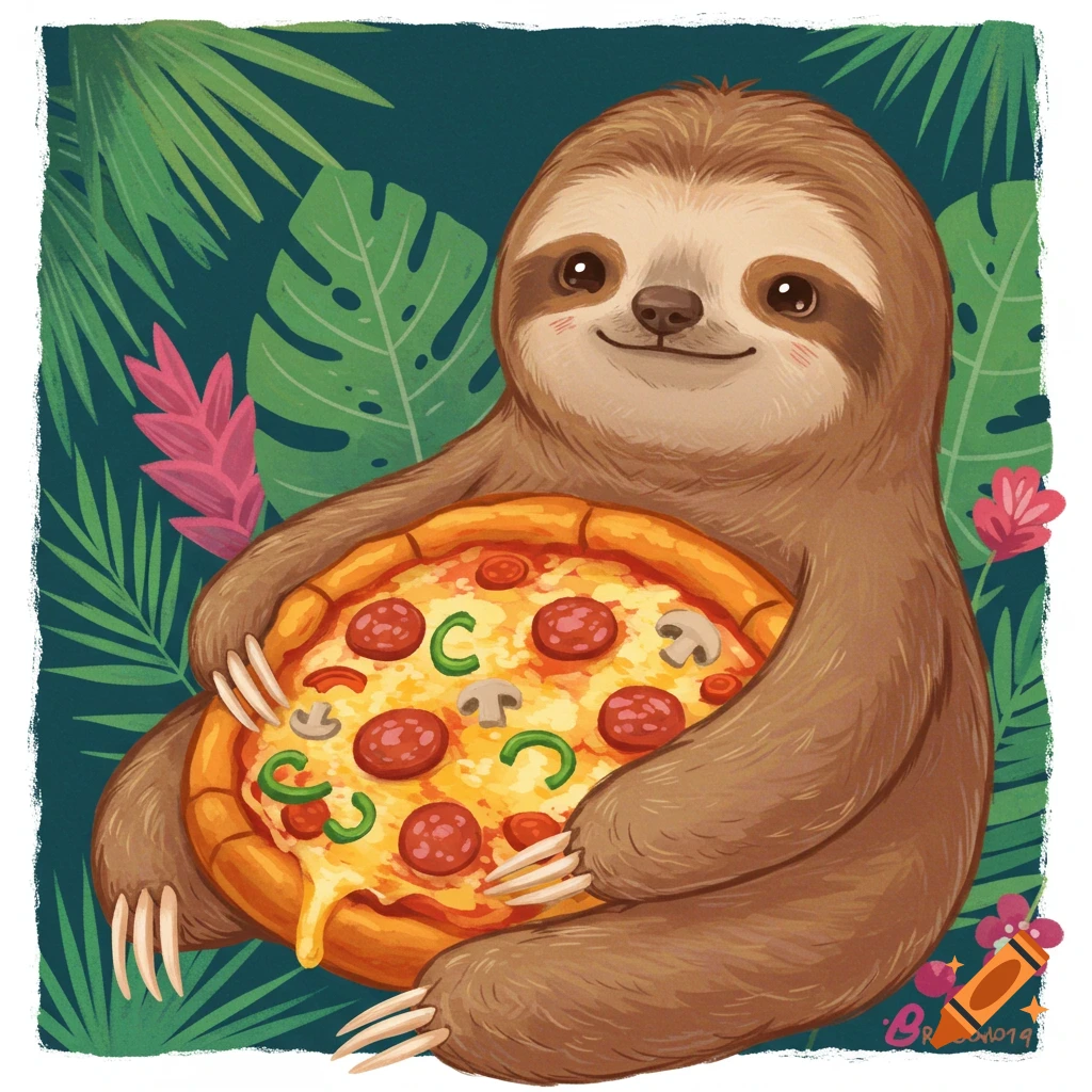 A cute cartoon sloth holds a pizza.