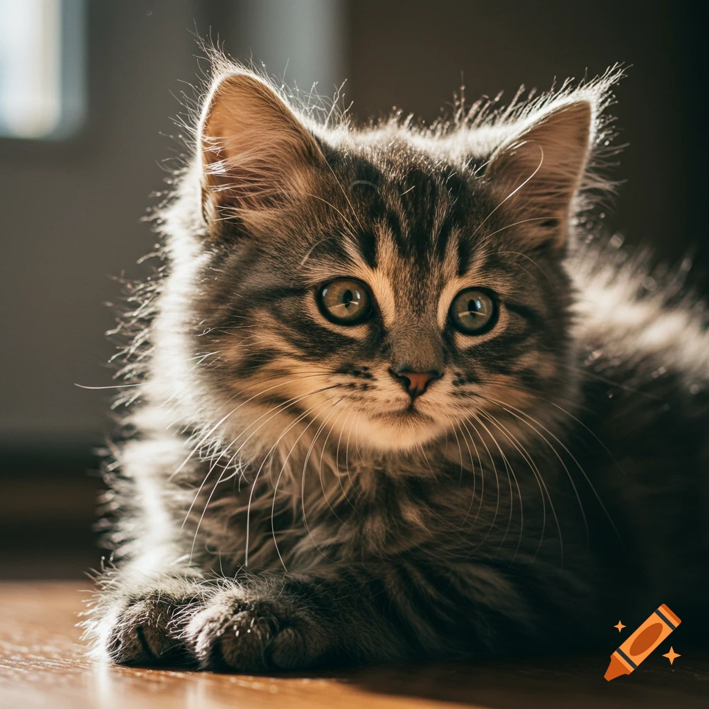 A fluffy tabby kitten with green eyes lies on a wooden floor, backlit by sunlight.