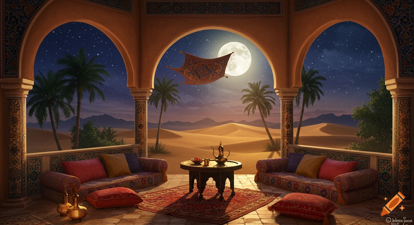 A patio overlooks a desert night scene with palm trees, moon, and a flying carpet.