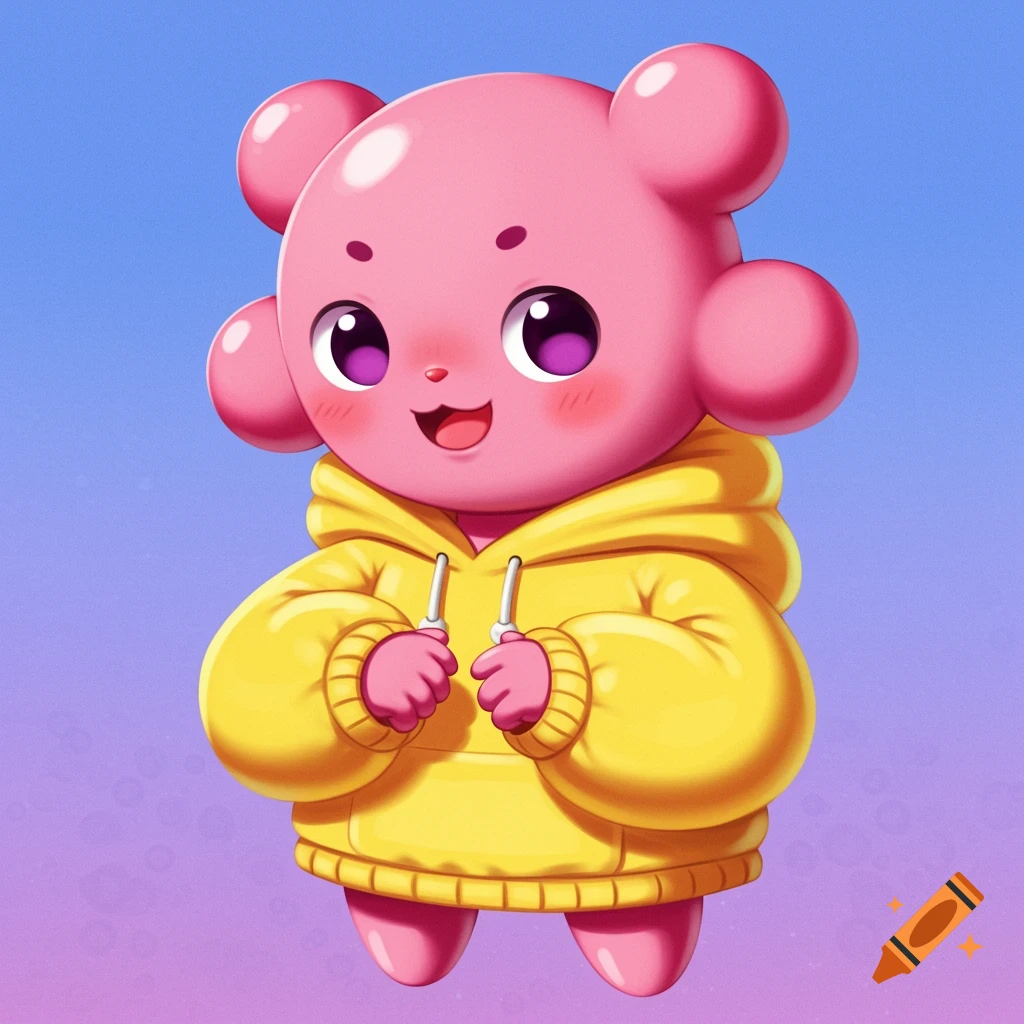 Cute pink cartoon character, Labubu, in a yellow hoodie, digital art.