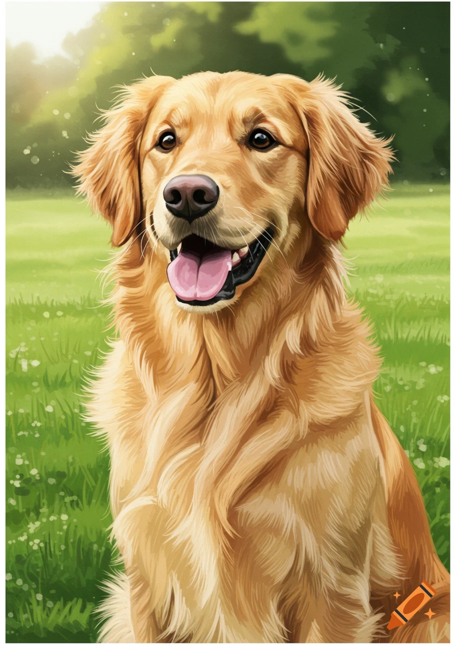 a happy golden retriever dog sitting in a grassy field