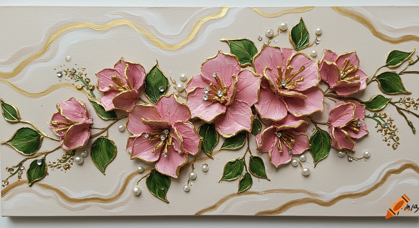 Textured painting of pink flowers with gold borders, pearls, rhinestones, and green leaves on a beige background with wavy gold lines.